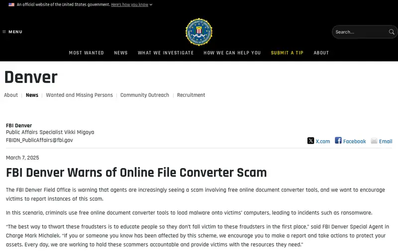 FBI news release titled FBI Denver Warns of Online File Converter Scam