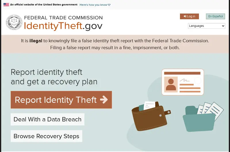 IdentityTheft.gov home page with a button that says Report Identity Theft